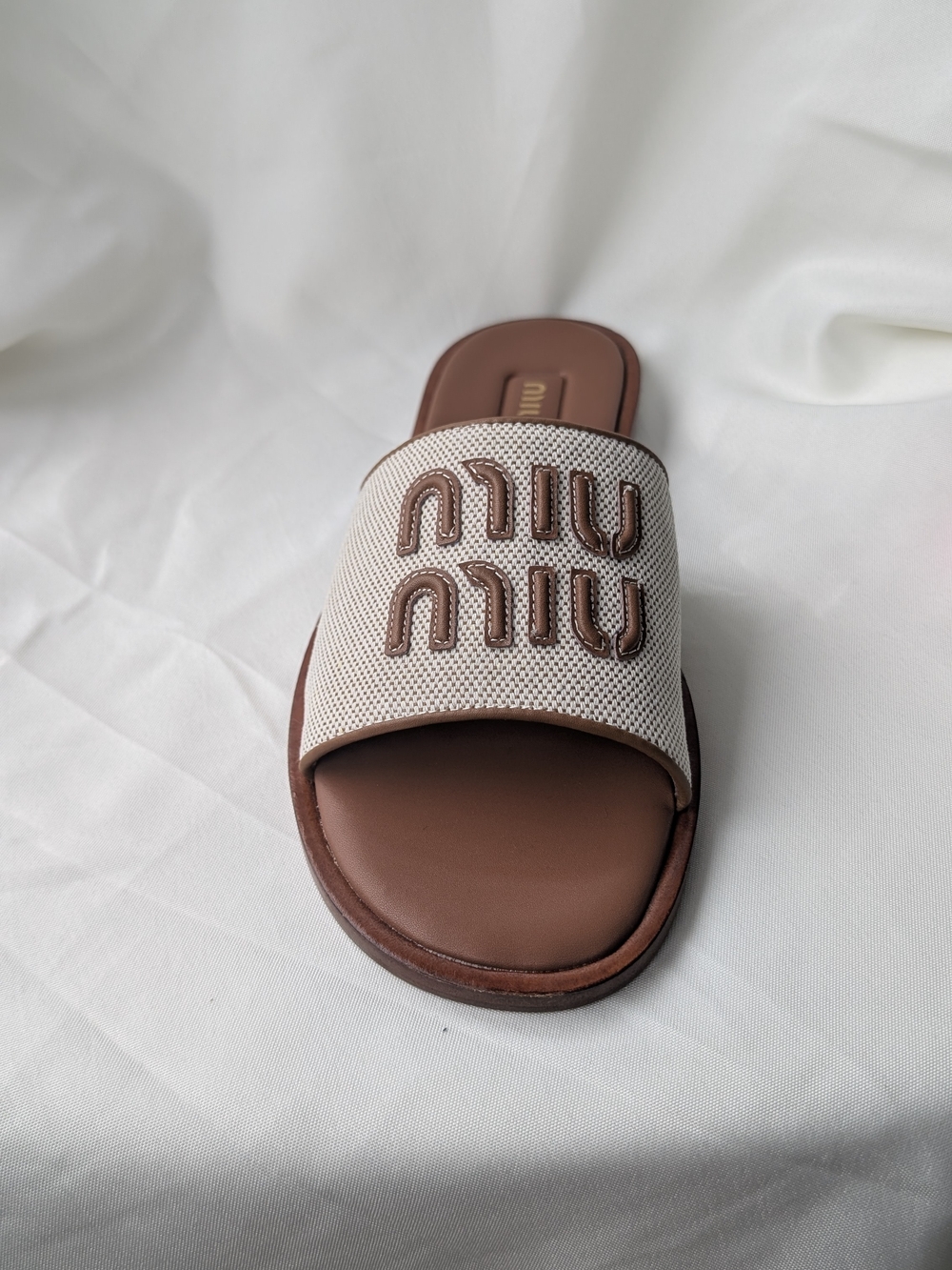 Miu Miu Embellished Canvas Slide Sandal - Cream & Brown